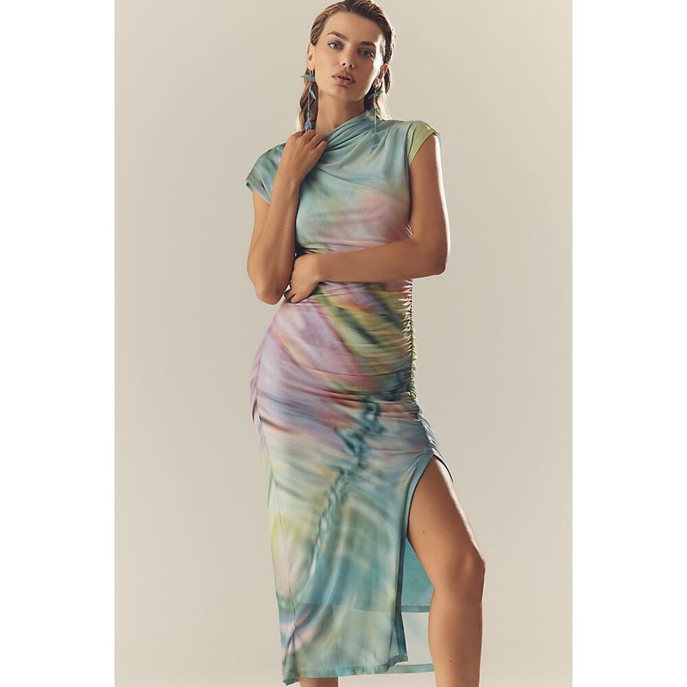 The Maya Ruched Cowl-Neck Mesh Dress 2x NWT